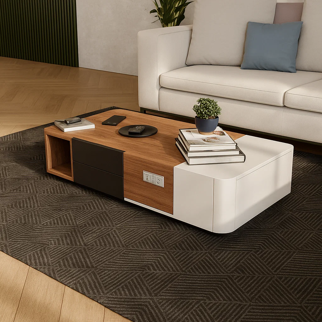 Funcionalidad inteligente: mesa de centro con puertos integrados y diseño futurista para espacios versátiles.